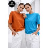 Rich Kadın Turuncu-Mavi 2'li Paket Premium Modal Kumaş Oversize Tişört