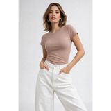 Rich Kadın Vizon Esnek Kumaşlı Vücuda Oturan Slim Fit Kısa Kollu Crop T-Shirt
