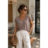 Rich Kadın Vizon Viskon Ön Arka V Yakalı T-shirt Yarasa Kol Relaxed Bluz