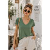 Rich Kadın Yeşil Viskon Ön Arka V Yakalı T-shirt Yarasa Kol Relaxed Bluz