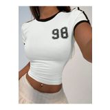 Richarlison Kadın Beyaz 98 Baskılı Şeritli Penye Crop Top Bluz