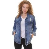 Richmost Lazer Yırtıklı ve Klasik Yakalı Uzun Kollu Cepli Klasik Kadın Kot Ceket Koyu Mavi Denim Dört Mevsim - 436-Mavi
