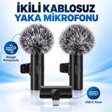 Ridata iPhone 15 Pro Max Uyumlu Ikili Kablosuz Yaka Mikrofonu, Rüzgâr Koruyuculu, Usb-C Alıcılı, Siyah