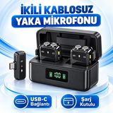 Ridata iPhone 15 Pro Max Uyumlu Kablosuz Yaka Mikrofonu Ikili, Usb-C Alıcılı, Şarj Kutulu, Siyah