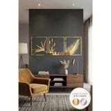 Rime Tasarım 3'lü Set Tropikal Yaprak Motifli Dekoratif Aynalı Duvar Dekoru Salon ve Oturma Odası İçin Modern Tablo