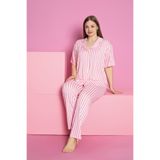 rindahomewear Büyük Beden CIZGILI DESEN MİLAN Düğmeli Kısa Kol Pijama Takımı
