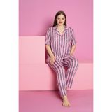 rindahomewear KADIN BÜYÜK BEDEN MİLAN ÖRME DÜĞMELİ KISA KOL ÇİZGİ DESENLİ PİJAMA TAKIMI