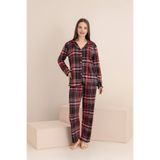 rindahomewear Kadın EKOSE Desenli Milan Örme Uzun Kol Kadın Düğmeli Pijama Takımı