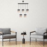 Riolight Retro,rustik,vintage 5 x E27 Duylu Metal Gövde Camlı Sıralı Sarkıt Avize UZUNLUK:60 cm - Siyah - Bal Rengi