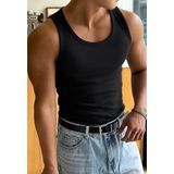 Riowela Erkek Tshirt Kolsuz Atlet Halter Yaka Likralı Pamuklu - Siyah - XL