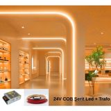 RISHANG Cob Şerit LED 24V ve Metal Trafo Kiti – 5 Metre Set - Metrede 480 LED – Yüksek Crı > 90 – Noktasız Aydınlatma - 2700K