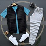 Risil-Nu Company Basic Kapitone Yelek - Yazlık Eşofman Altı - T-Shirt 3'lü Alt Üst Takım - Bebe Mavisi - Gri
