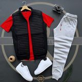 Risil-Nu Company Basic Kapitone Yelek - Yazlık Eşofman Altı - T-Shirt 3'lü Alt Üst Takım - XL - Kırmızı - Gri
