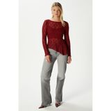 Ritnice Angel Asimetrik Bordo Uzun Kollu Dantel Top / Bluz