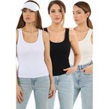 Ritnice Kadın Cotton Premium 3’Lü Set Krem Beyaz Siyah Pamuklu Basic Fitilli Atlet - Siyah - Beyaz - Krem