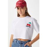 Ritnice Kadın Cute Kiraz Baskılı Beyaz Crop T-Shirt