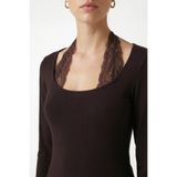 Ritnice Kadın Emma Dantel Detaylı Uzun Kollu Kahverengi Basic Top / Bluz
