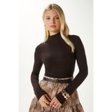 Ritnice Kadın Feel Lux Touch Dik Yaka Kahverengi Uzun Kol Soft Bluz