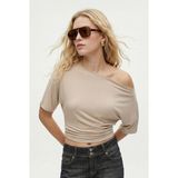 Ritnice Kadın Germa Asimetrik Omuz Detay Bej Bluz - XL