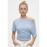 Ritnice Kadın Germa Asimetrik Omuz Detay Mavi Bluz - XL