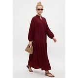 Ritnice Kadın Modest Bordo Maksi Boy Yazlık Elbise Oversize Silüet Günlük Stil