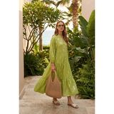 Ritnice Kadın Modest New Aliza Gümüş Detay %100 Viskon Yeşil Maksi Boy Yazlık Elbise - Yeşil - Gümüş - XL