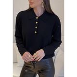 Ritnice Kadın Polo Yaka Siyah Gold Düğmeli Premium Doku Triko Kazak Uzun Kol Klasik Stil