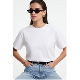 Ritnice Kadın Rise Dekoratif Yaka Tok Doku %100 Pamuk Beyaz T-Shirt