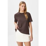 Ritnice Kadın Rise Dekoratif Yaka Tok Doku %100 Pamuk Kahverengi T-Shirt