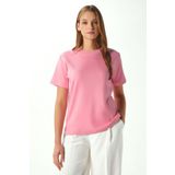 Ritnice Kadın Rise Dekoratif Yaka Tok Doku %100 Pamuk Pembe T-Shirt