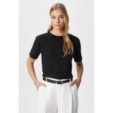 Ritnice Kadın Rise Dekoratif Yaka Tok Doku %100 Pamuk Siyah T-Shirt