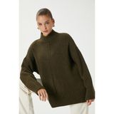 Ritnice Kadın Wonder Yumuşacık Dik Yaka Haki Yırtmaçlı Oversize Triko Kazak