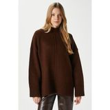 Ritnice Kadın Wonder Yumuşacık Dik Yaka Kahverengi Yırtmaçlı Oversize Triko Kazak