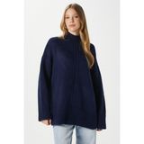 Ritnice Kadın Wonder Yumuşacık Dik Yaka Lacivert Yırtmaçlı Oversize Triko Kazak