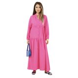 Ritnice Prive Kadın Fuşya Base%100 Viskon Maksi Boy Katlı Balon Kol Uzun Yazlık Elbise L/XL