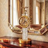 Ritz Geyik Figürlü Kristal Gövdeli Masa Saati Altın Bronz Tonlu Dekoratif Ofis ve Salon Saat Modeli