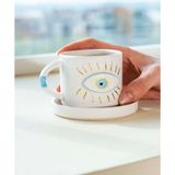 Riva İstanbul Göz Desenli Amore El Yapımı Seramik Double Kahve Fincanı Mug Kupa - Krem