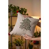 Rivaİstanbul Çam Ağacı Nakışlı Ponponlu Hasır Görünümlü Dokuma Kırlent Kılıfı Bej Çok Renkli