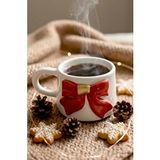 Rivaİstanbul Kurdele Amore 24 K Altın Süslemeli El Yapımı Yılbaşı Hediyesi Seramik Double Kahve Fincanı, Mug, Kupa Kırmızı