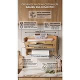 Rivo Home Decor %100 Doğal Bambu 3'lü Streç Film, Alüminyum Folyo ve Kağıt Havlu Tutucu Düzenleyici - Kesicili Rulo Dağıtıcı