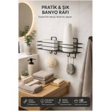 RİYA HOME EV & DEKORASYON Yapışkanlı 4 Kancalı Banyo Rafı Siyah Banyo Şampuanlık Duşakabin Duş Askısı Delmeden Kullanım
