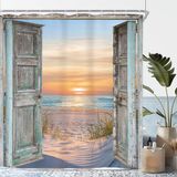 Riyidecor Plaj Duş Perdesi 170 cm x 200 cm Ekstra Uzun Okyanus Deniz Kenarı Hawaii Deniz Mavisi Deniz Kıyısı Ahır Kapısı Gün Batımı Manzara Çiftlik Evi Ahşap Banyo Dekor Kumaş Polyester Su Geçirmez