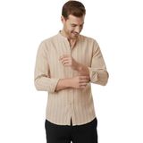 RizzUP Bej Çizgi Dokulu Hakim Yaka Rahat Kalıp Kırışık Viskon Keten Erkek Gömlek 2602621 - XL