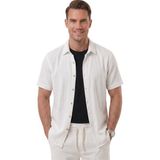 Rizzup Beyaz Slim Fit Çizgi Dokulu Keten Görünümlü Kısa Kol Erkek Spor Gömlek 2602648