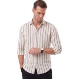 RizzUP Erkek %100 Pamuk Slim Fit Dar Kesim Keten Dokulu Çizgili Uzun Kollu Beyaz Gömlek 2600034