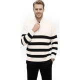 Rizzup Erkek Ekru Yarım Fermuarlı Oversize Kesim Triko Kazak Pamuklu Yumuşak Örgü Çizgili Kazak 2608513 - 2XL