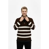 Rizzup Erkek Kahve Yarım Fermuarlı Oversize Kesim Triko Kazak Pamuklu Yumuşak Örgü Çizgili Kazak 2608513 - 2XL