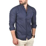 Rizzup Erkek Lacivert Slim Fit Dar Kesim Keten Gömlek Hakim Yaka Pamuklu Keten Spor Gömlek 2201895 - 2XL