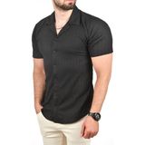 Rizzup Erkek Siyah Slim Fit Pamuklu Apaş Yaka Kısa Kol Penye Gömlek Dokulu Jakar Kumaş Dar Kesim Spor Gömlek 2501216