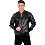 Rizzup Erkek Siyah Suni Deri Ceket Rüzgar ve Su Geçirmez Kolej Tarzı Fermuarlı Dar Kesim Mont Ceket 23020660 - 2XL